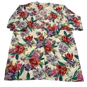 California Dynasty Floral Satin‎ Robe Sz L Lace Trim Pockets 90s Lounge